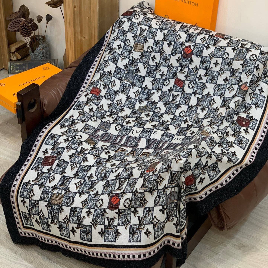 LV Monogram Scarf 200cm Black White Cashmere 969186