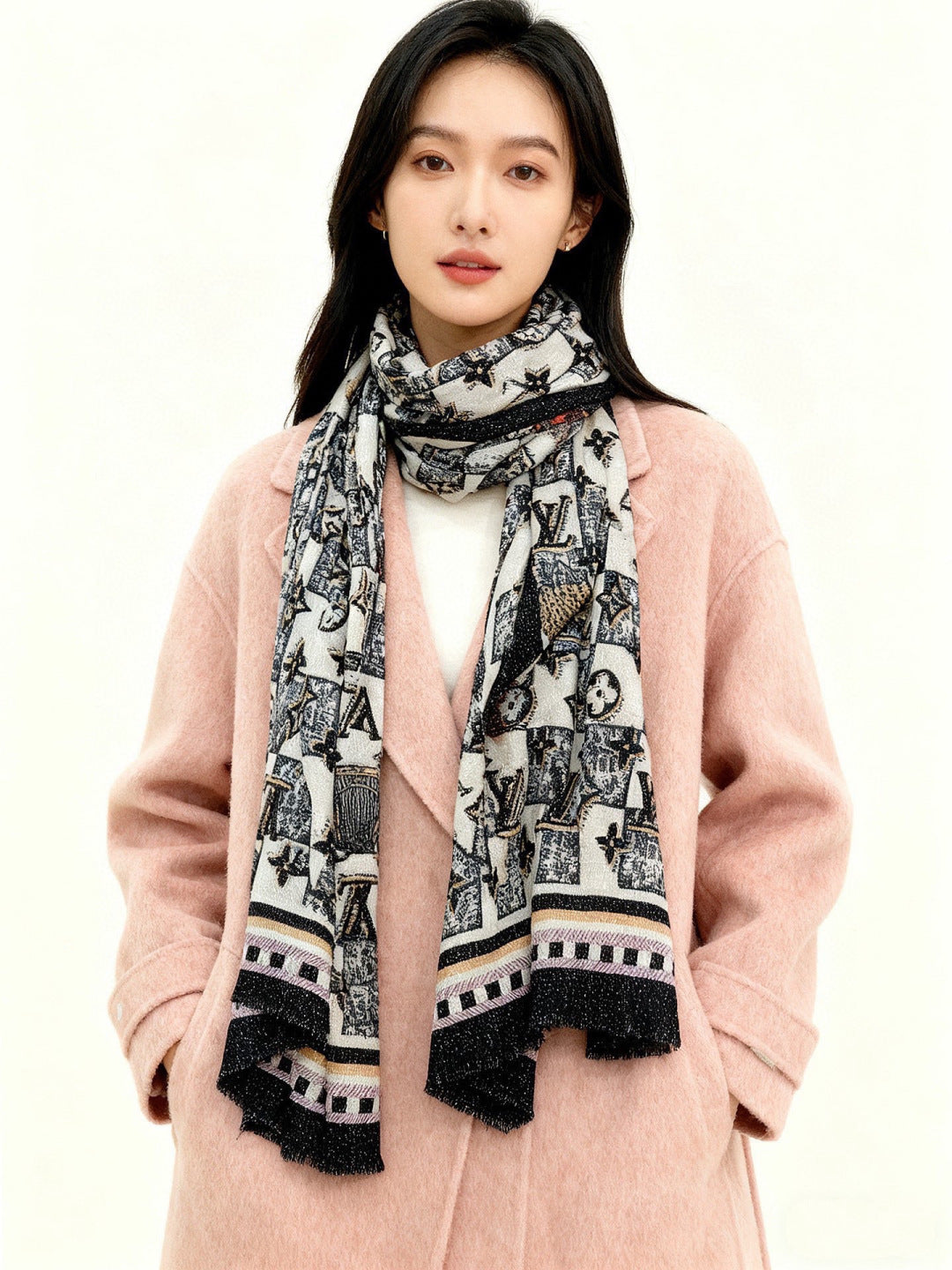 LV Monogram Scarf 200cm Black White Cashmere 969186