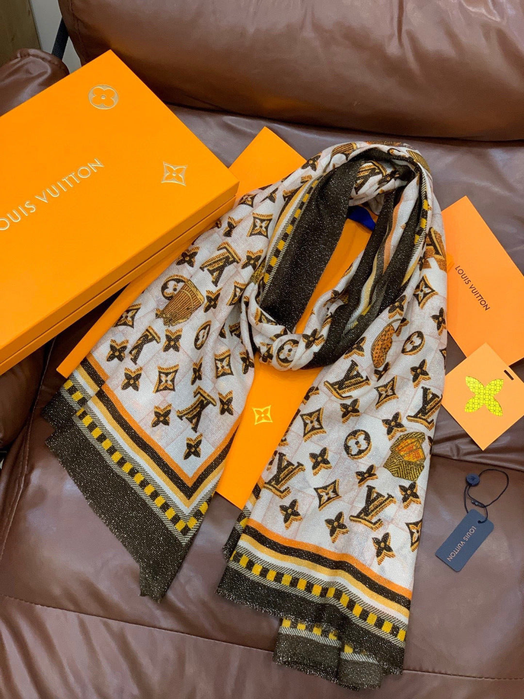 LV Monogram Scarf 200cm Black White Yellow Cashmere 969187