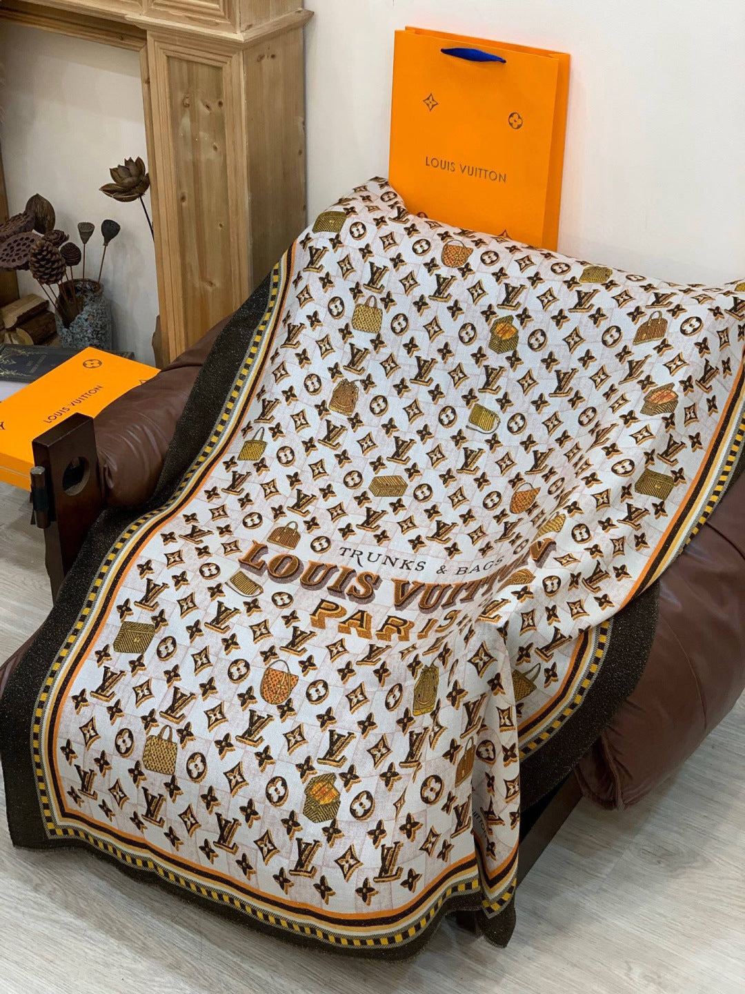 LV Monogram Scarf 200cm Black White Yellow Cashmere 969187