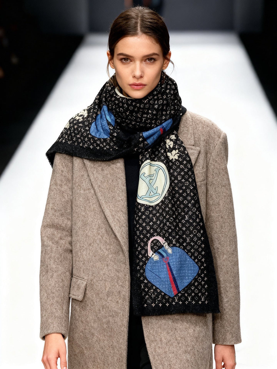 LV Monogram Scarf 200cm Black Blue Cashmere 969188