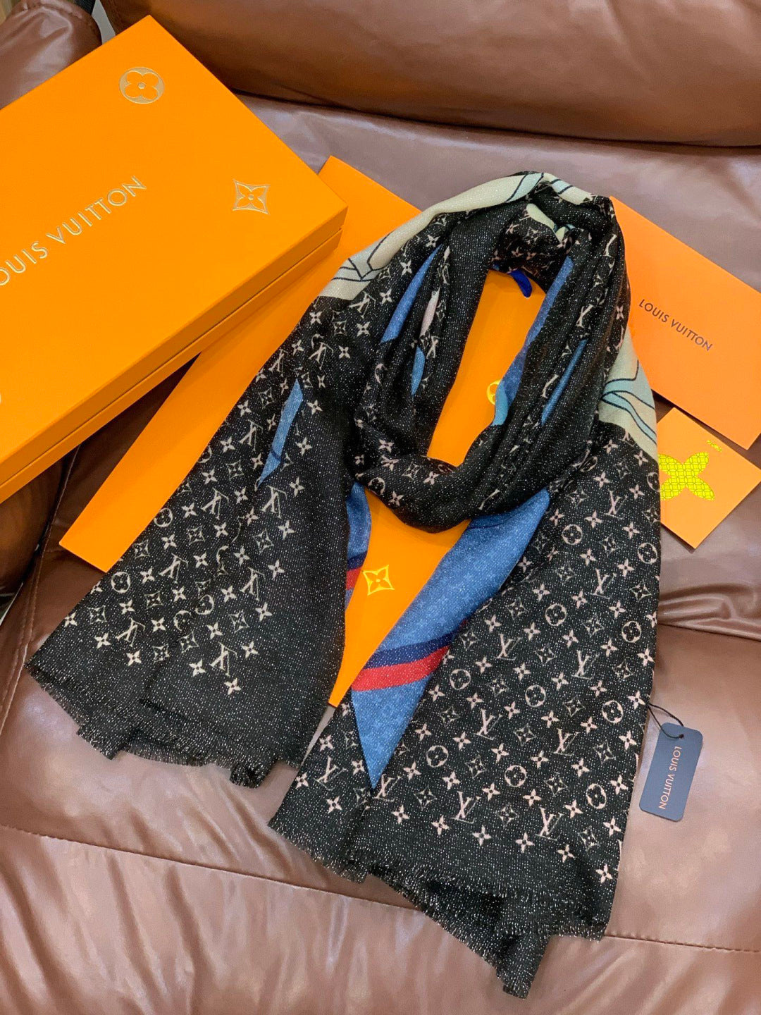 LV Monogram Scarf 200cm Black Blue Cashmere 969188