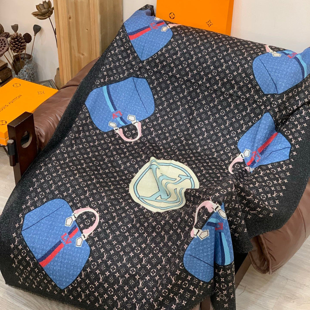 LV Monogram Scarf 200cm Black Blue Cashmere 969188