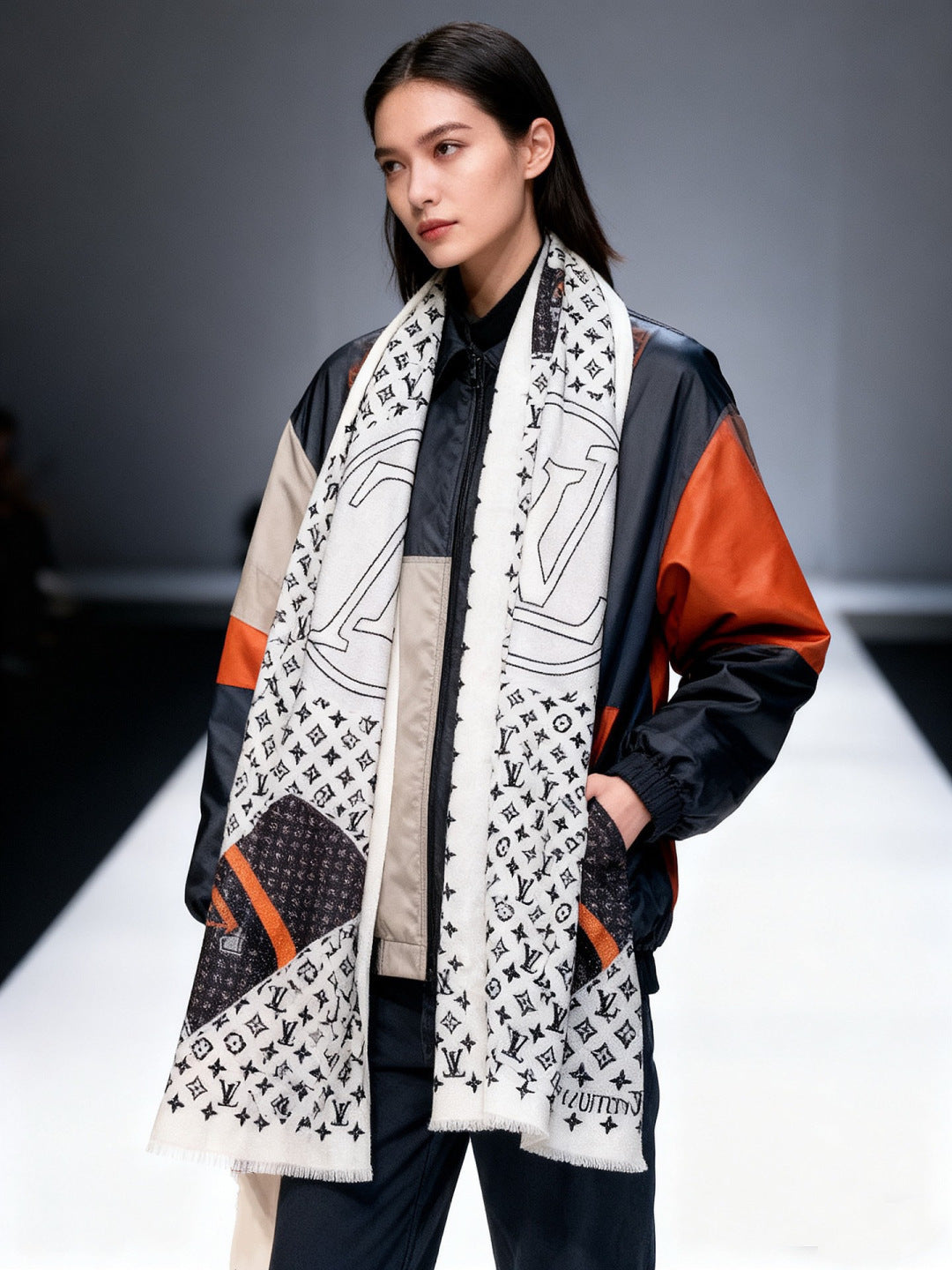 LV Monogram Scarf 200cm White Black Cashmere 969189