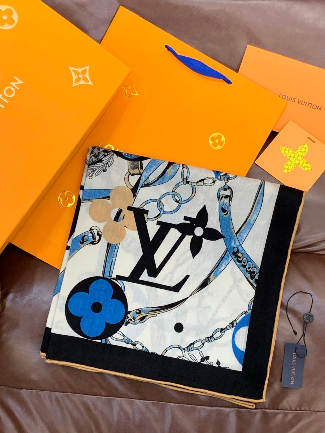 LV Latest Style Scarf 140cm Black Blue Cashmere 969239