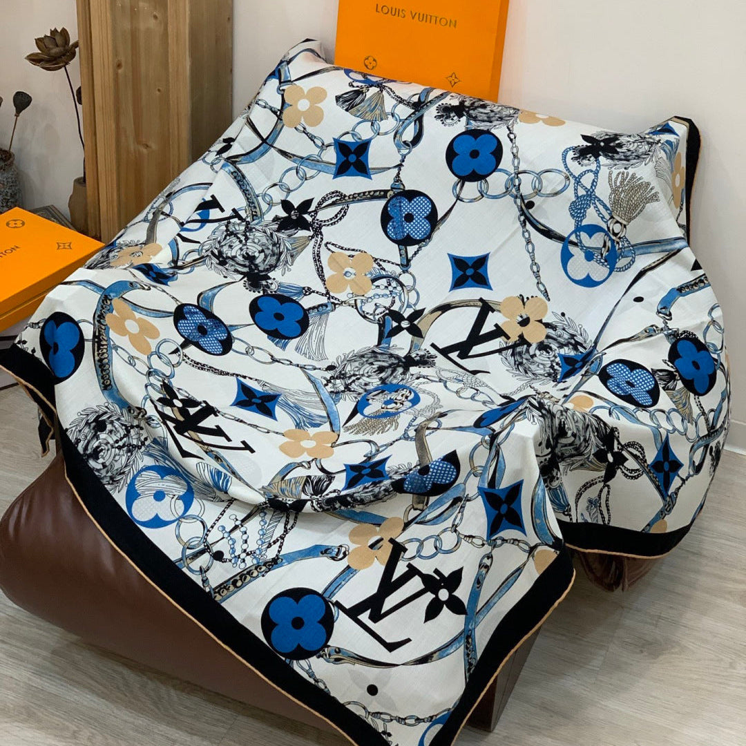 LV Latest Style Scarf 140cm Black Blue Cashmere 969239