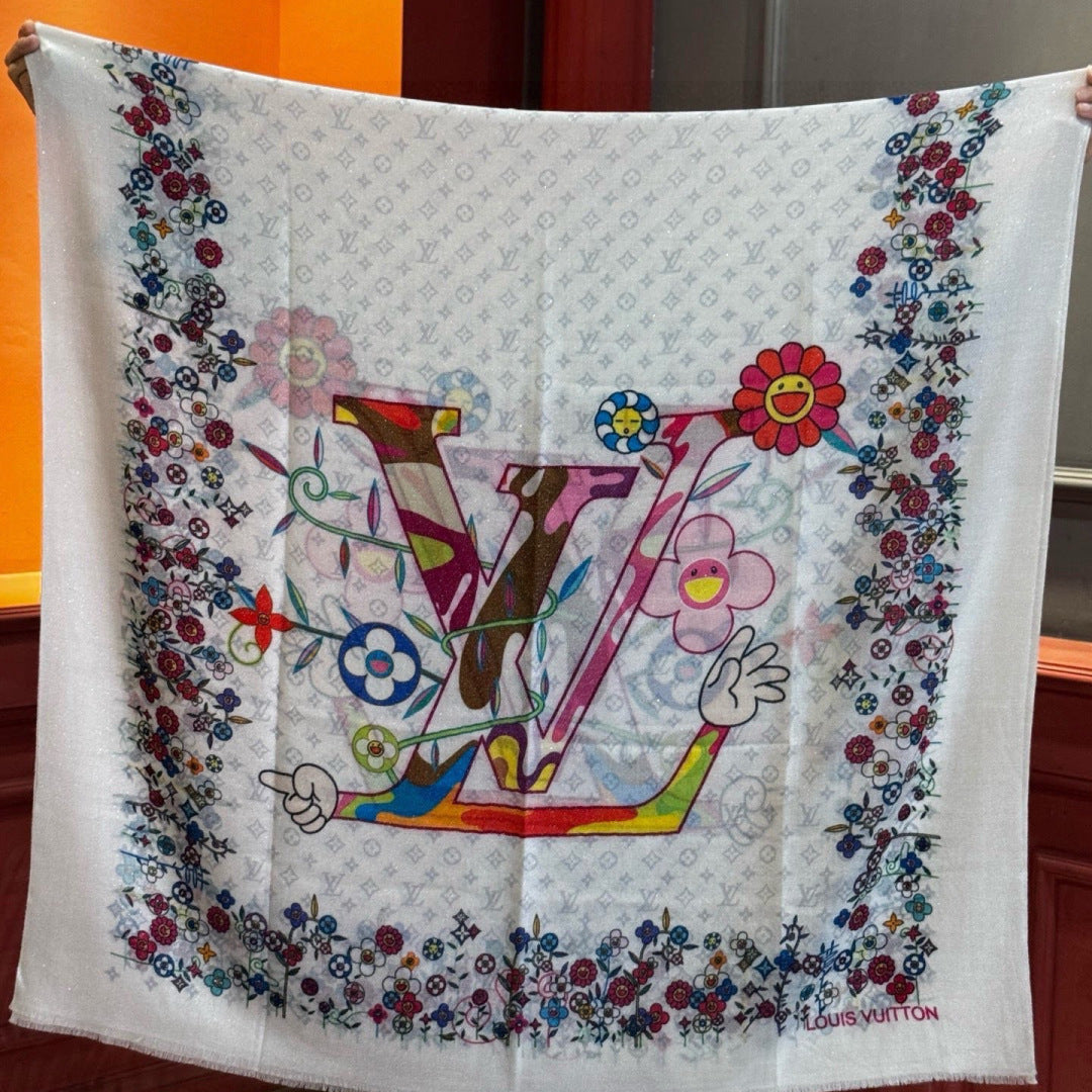 LV Glowing Scarf 200cm White Colorful Cashmere 970880