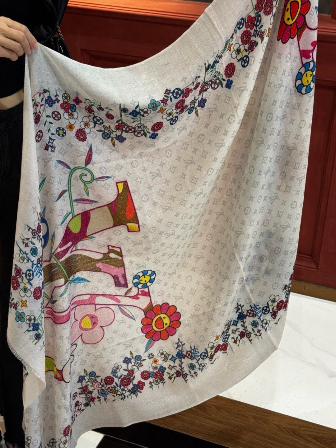 LV Glowing Scarf 200cm White Colorful Cashmere 970880