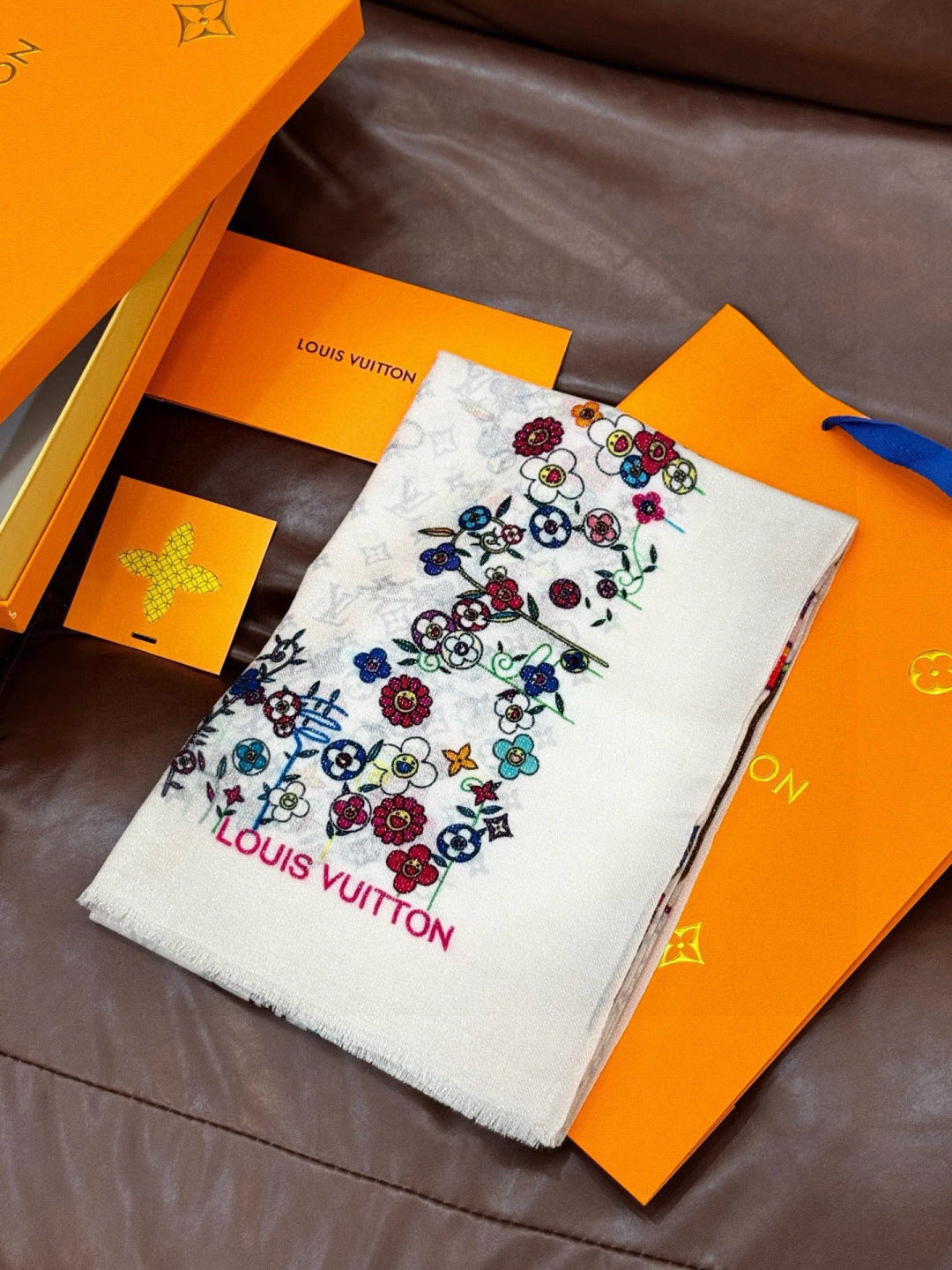 LV Glowing Scarf 200cm White Colorful Cashmere 970880