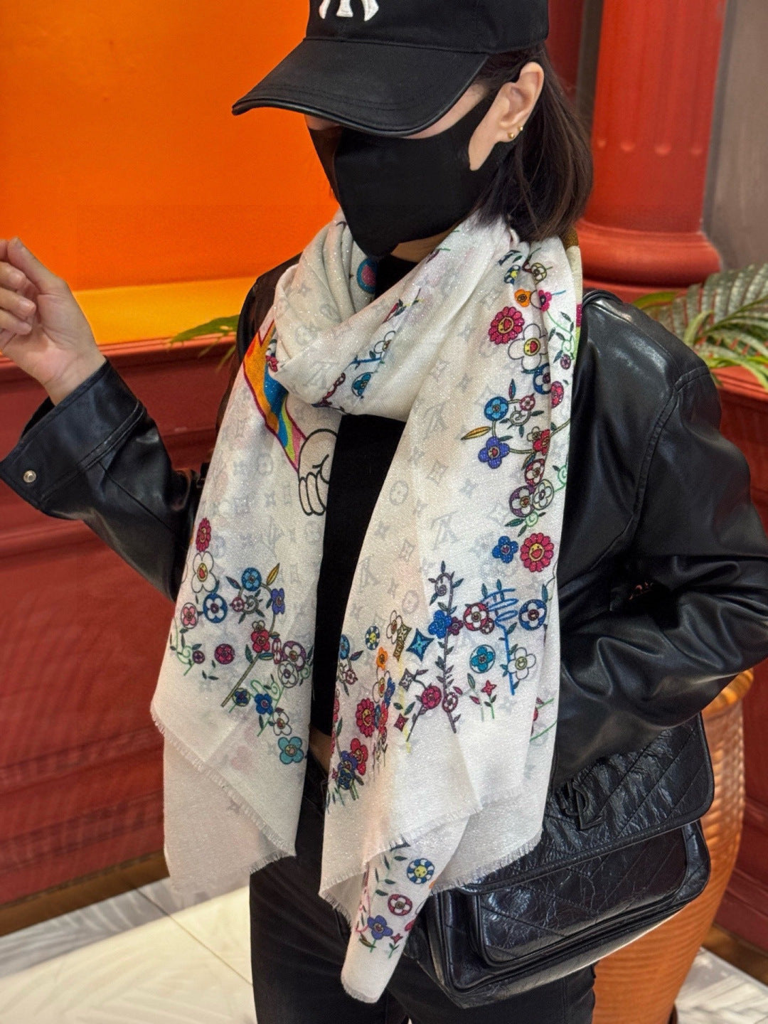 LV Glowing Scarf 200cm White Colorful Cashmere 970880