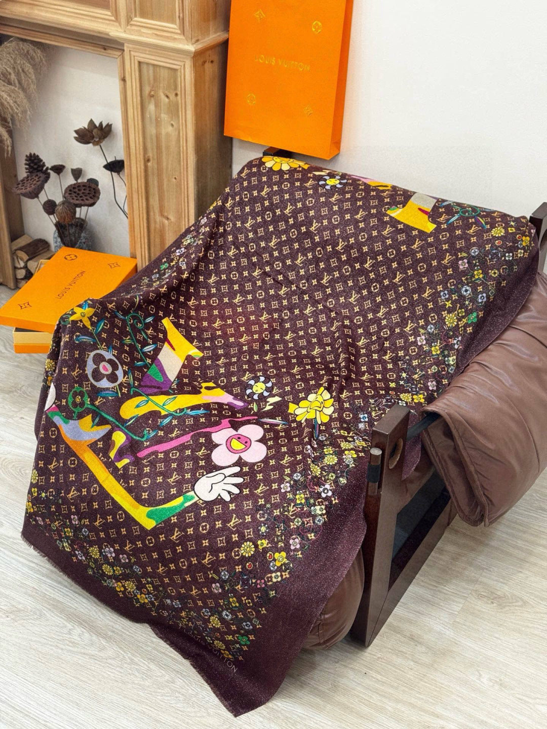 LV Glowing Scarf 200cm Brown Yellow Cashmere 970881