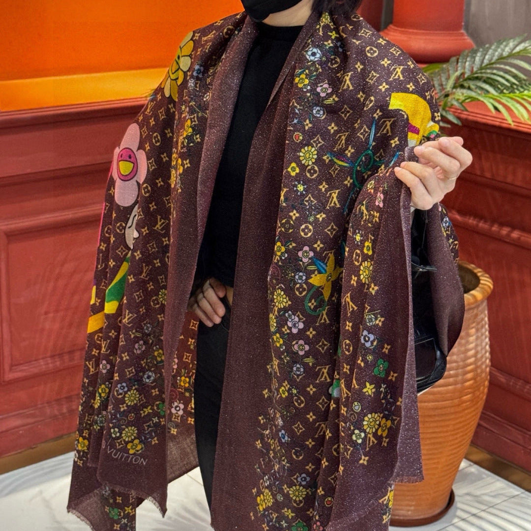LV Glowing Scarf 200cm Brown Yellow Cashmere 970881