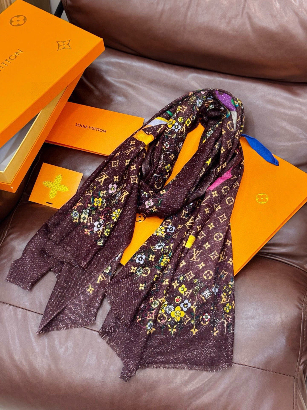 LV Glowing Scarf 200cm Brown Yellow Cashmere 970881