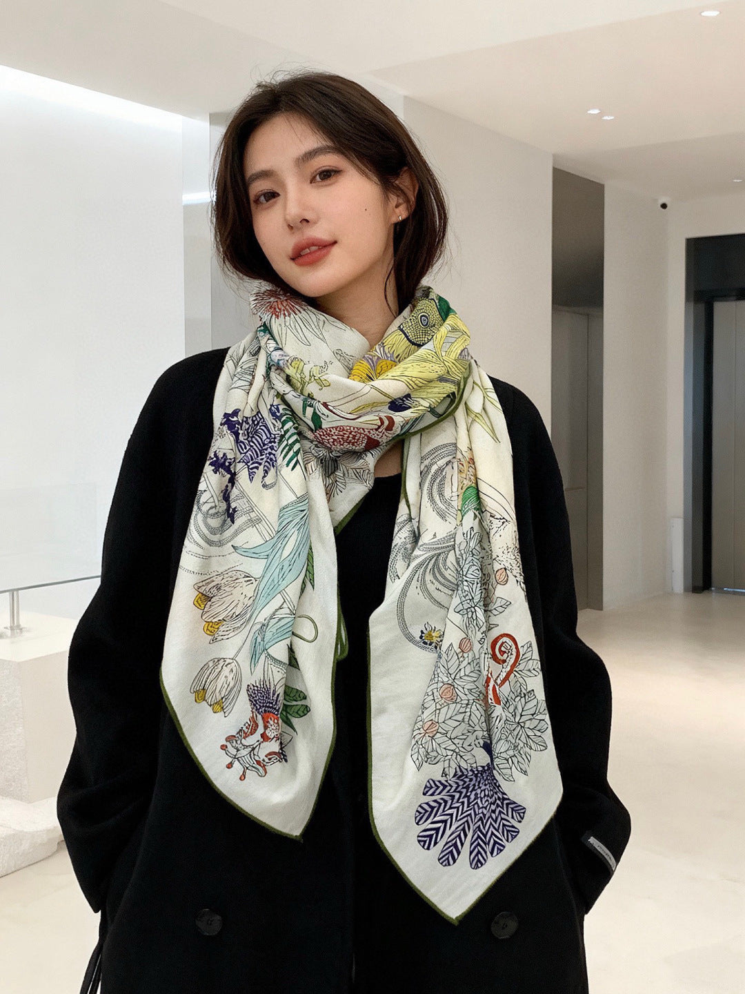 HM 25s Rainbow Scarf 140cm Beige Colorful Cashmere Silk 970927