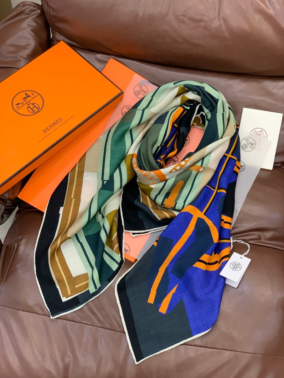 HM 25s Checkered Horse Scarf 140cm Green Blue Beige Cashmere Silk970933