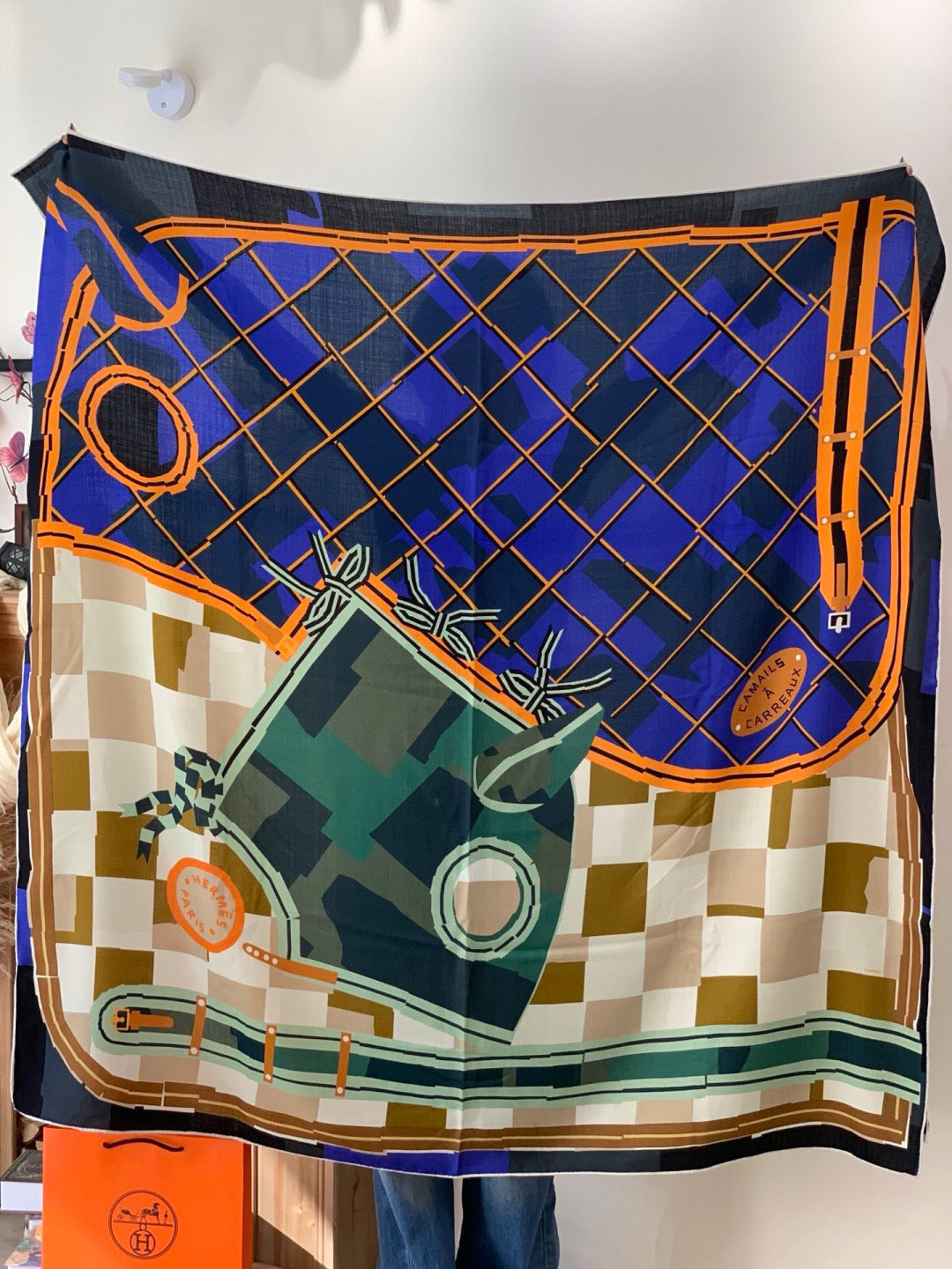 HM 25s Checkered Horse Scarf 140cm Green Blue Beige Cashmere Silk970933