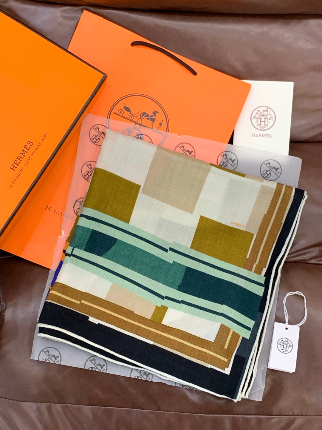 HM 25s Checkered Horse Scarf 140cm Green Blue Beige Cashmere Silk970933