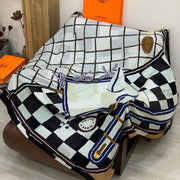 HM 25s Checkered Horse Scarf 140cm Blach White Cashmere Silk 970934