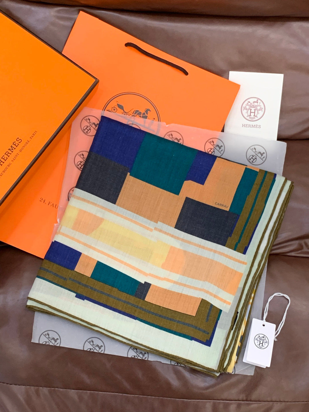 HM 25s Checkered Horse Scarf 140cm Blue Brown Cashmere Silk 970935