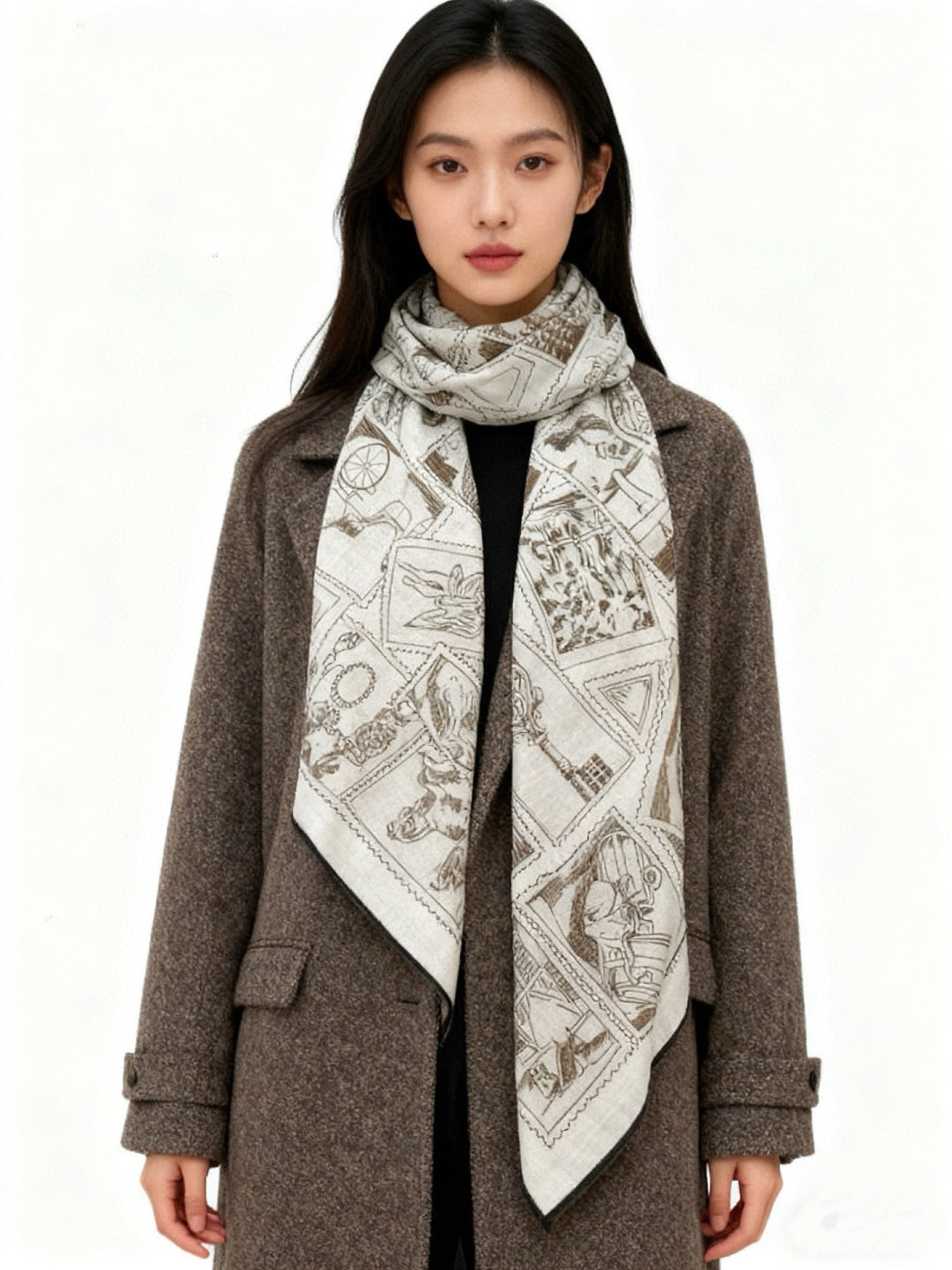 HM 25s Velvet Square Scarf 140cm Light Brown White Cashmere Silk 970936