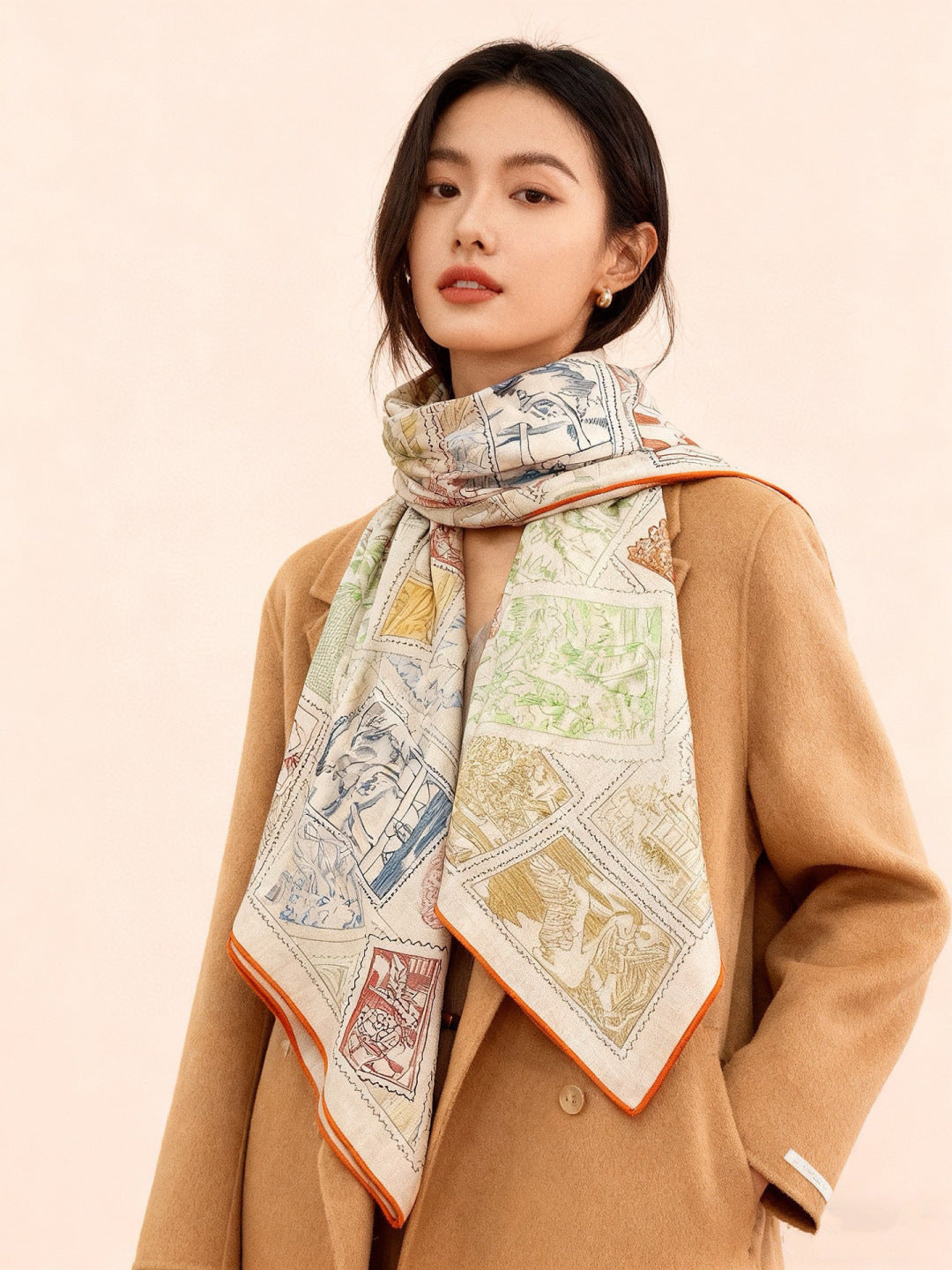 HM 25s Velvet Square Scarf 140cm Light Beige Cashmere Silk 970938