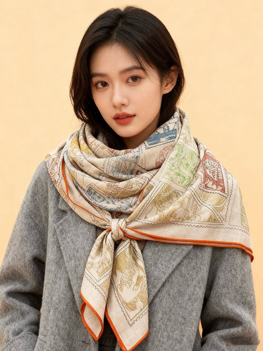 HM 25s Velvet Square Scarf 140cm Light Beige Cashmere Silk 970938