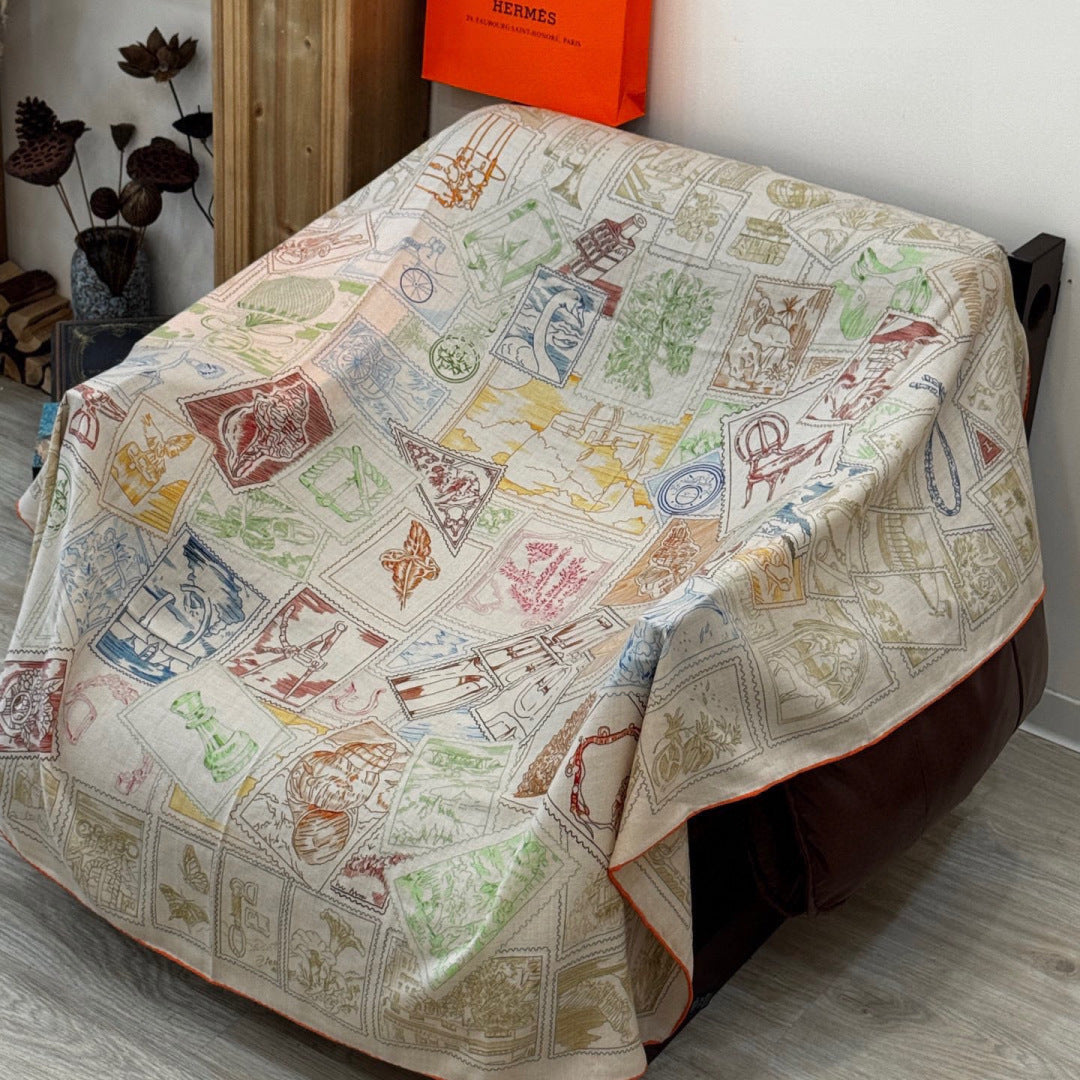 HM 25s Velvet Square Scarf 140cm Light Beige Cashmere Silk 970938