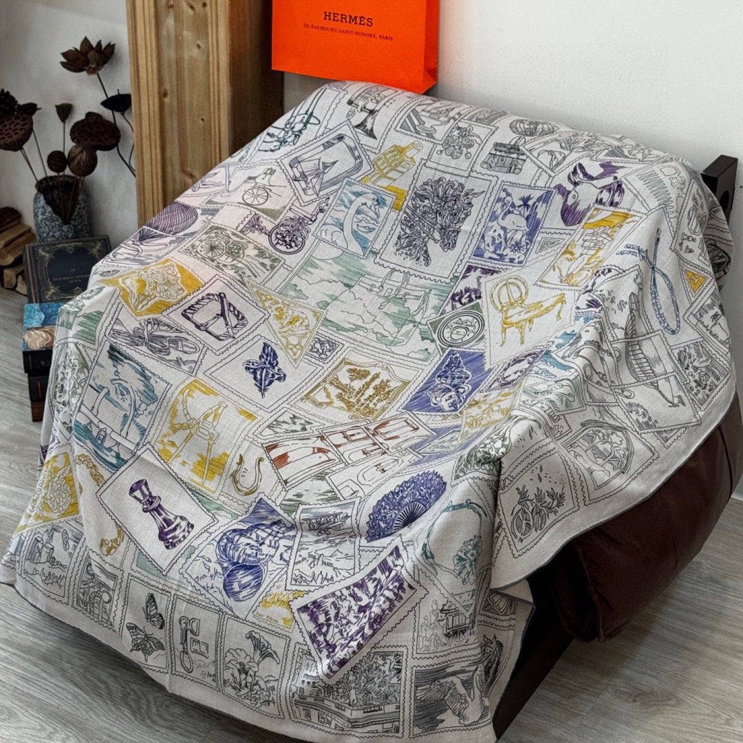 HM 25s Velvet Square Scarf 140cm Blue White Black Cashmere Silk 970939