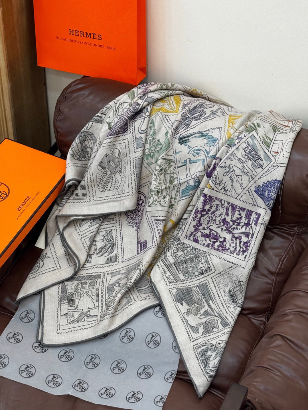 HM 25s Velvet Square Scarf 140cm Blue White Black Cashmere Silk 970939