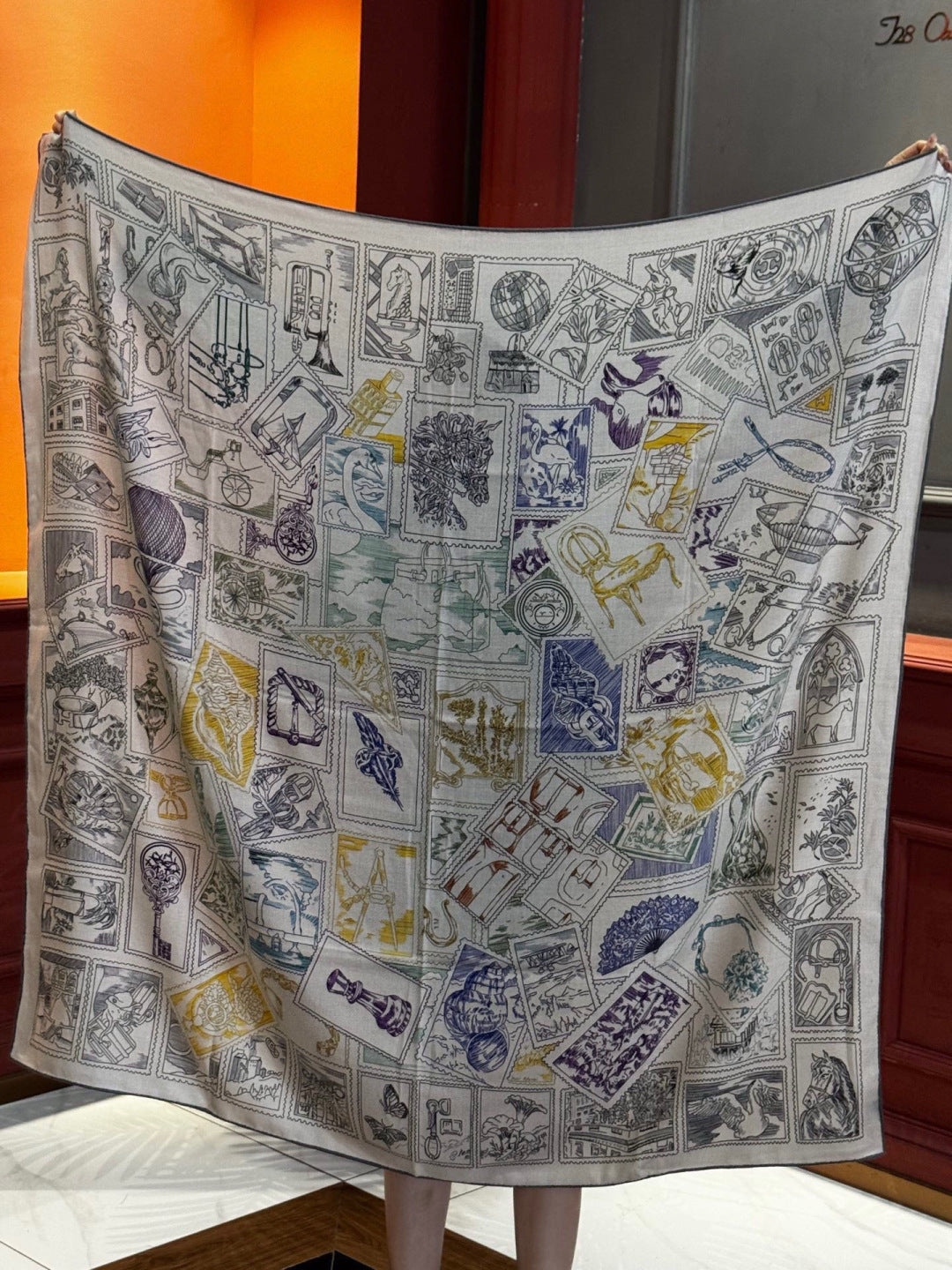 HM 25s Velvet Square Scarf 140cm Blue White Black Cashmere Silk 970939