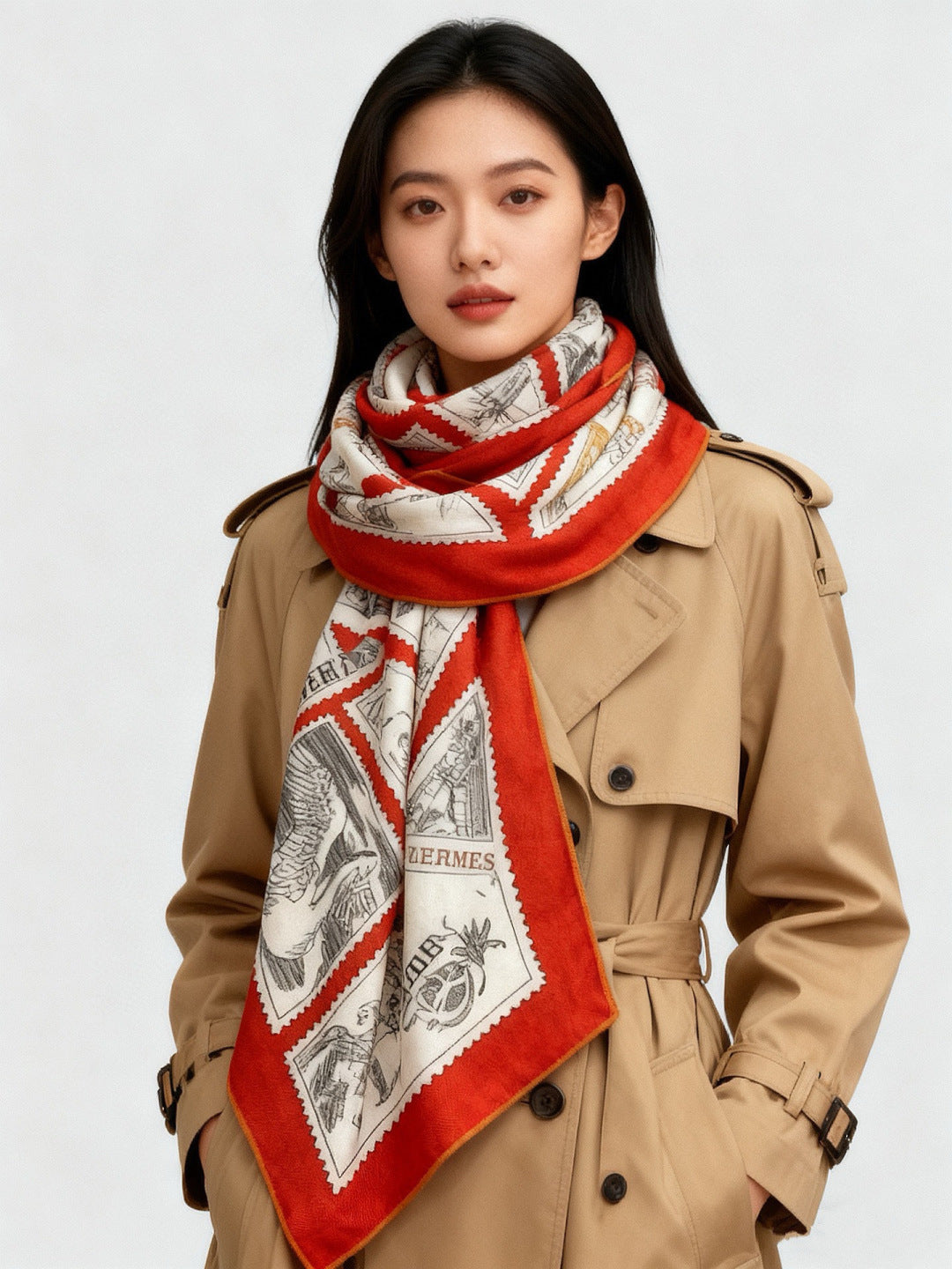 HM 25s Velvet Square Scarf 140cm Orange White Black Cashmere Silk 970940