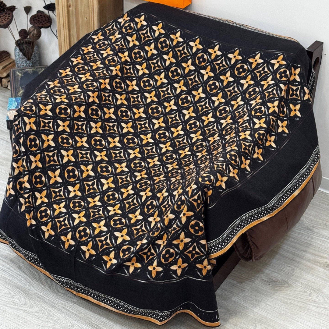 LV Velvet Square Scarf 135cm Black Beige Cashmere 970942