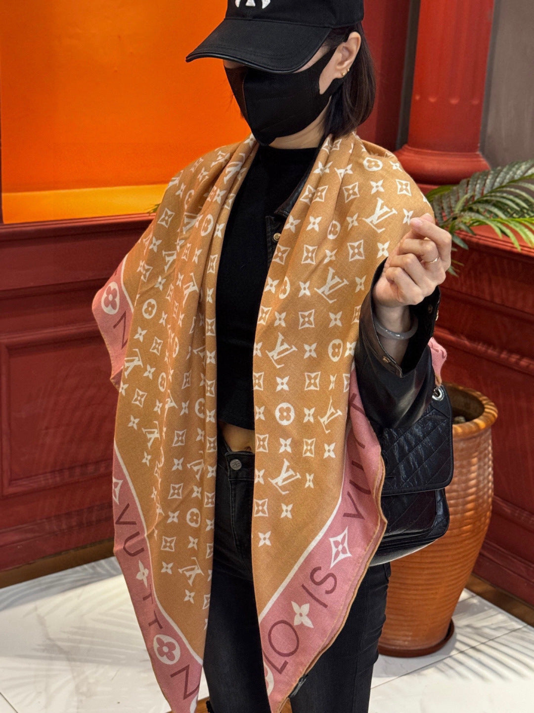 LV Velvet Square Scarf 135cm Camel Pink Cashmere 970948