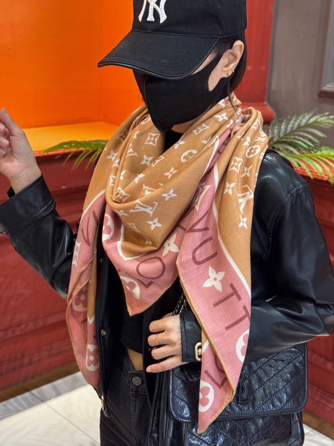 LV Velvet Square Scarf 135cm Camel Pink Cashmere 970948