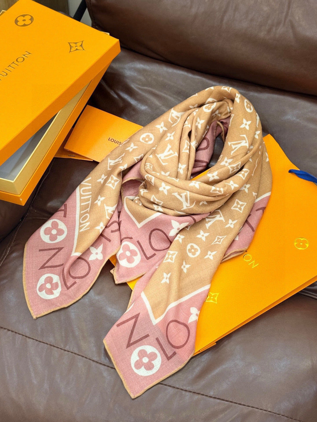LV Velvet Square Scarf 135cm Camel Pink Cashmere 970948