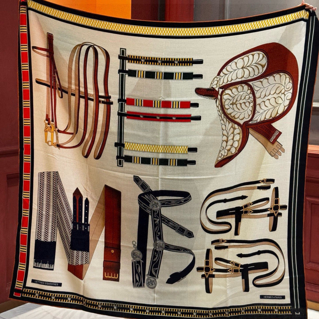 HM 25s Equestrianism Scarf 135cm Cream Black Cashmere Silk 970962