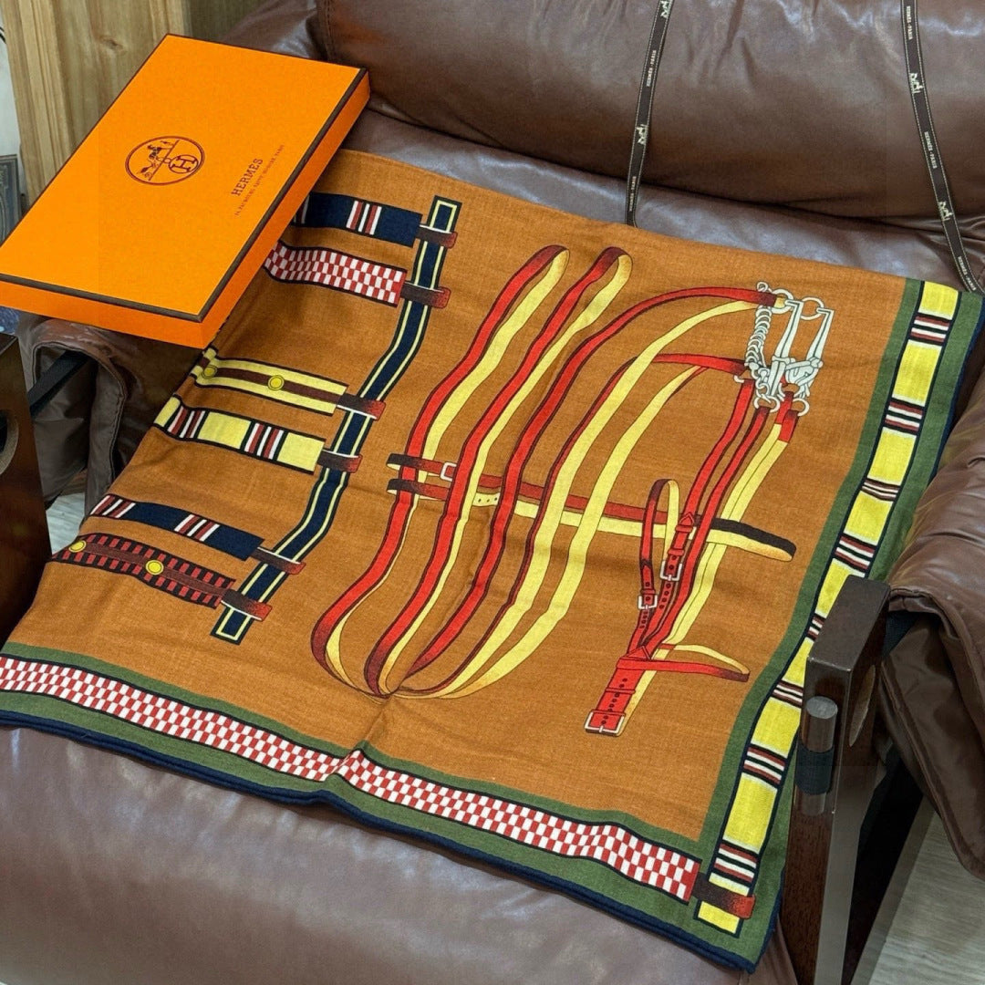 HM 25s Equestrianism Scarf 135cm Camel Brown Blue Cashmere Silk 970963