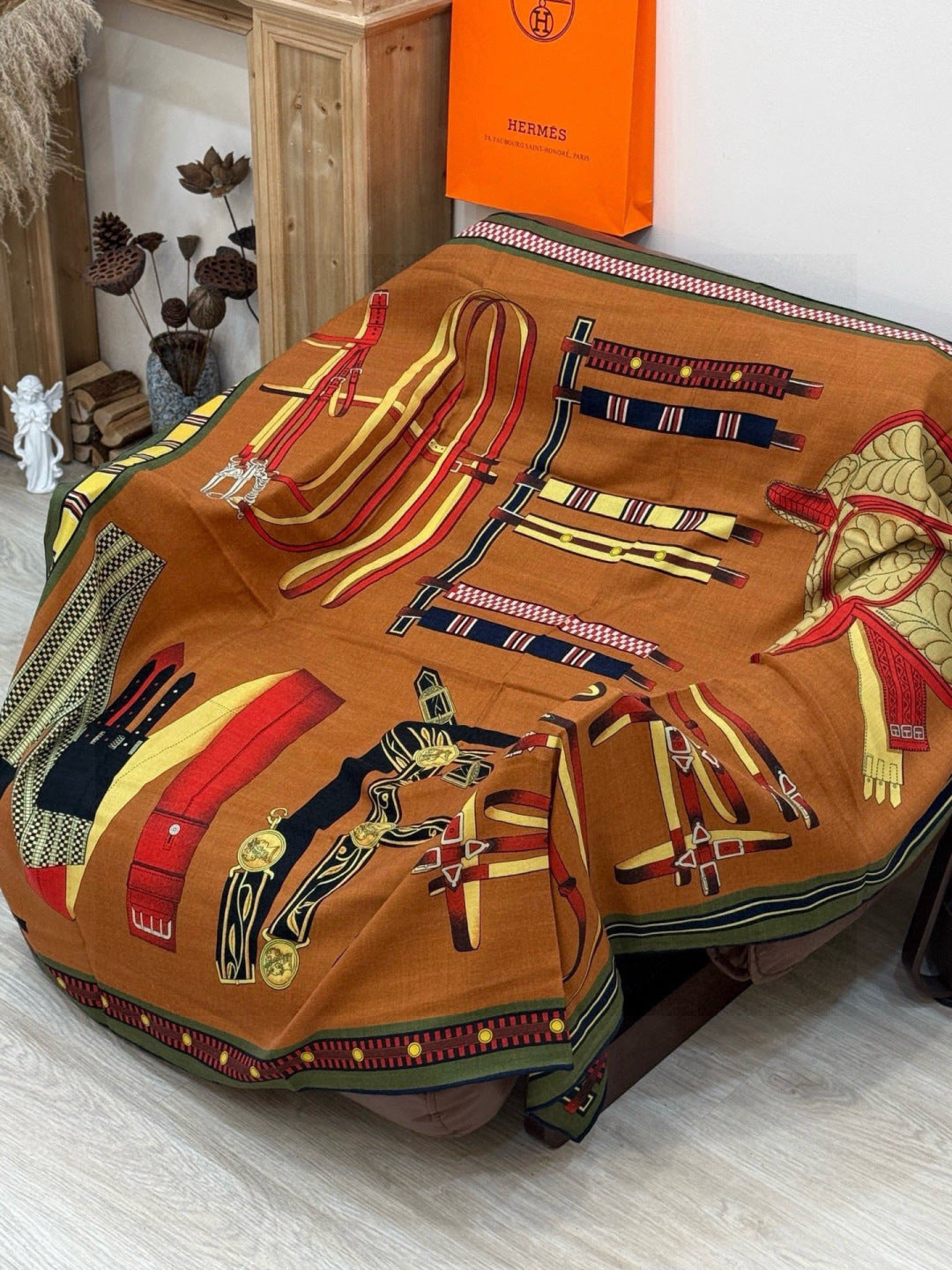 HM 25s Equestrianism Scarf 135cm Camel Brown Blue Cashmere Silk 970963