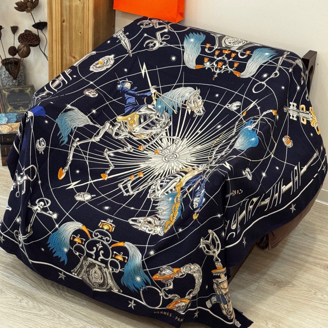 HM Starry Night Chorus Scarf 140cm Navy Blue Beige Cashmere 970970