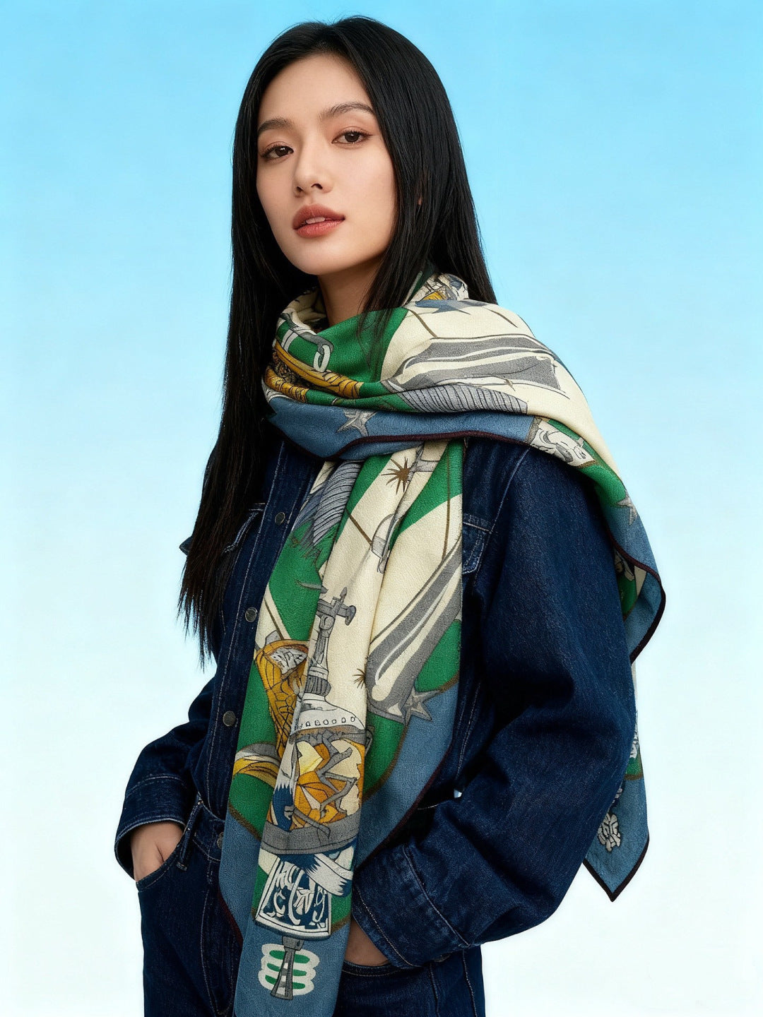 HM Starry Night Chorus Scarf 140cm Green Beige Cashmere 970972