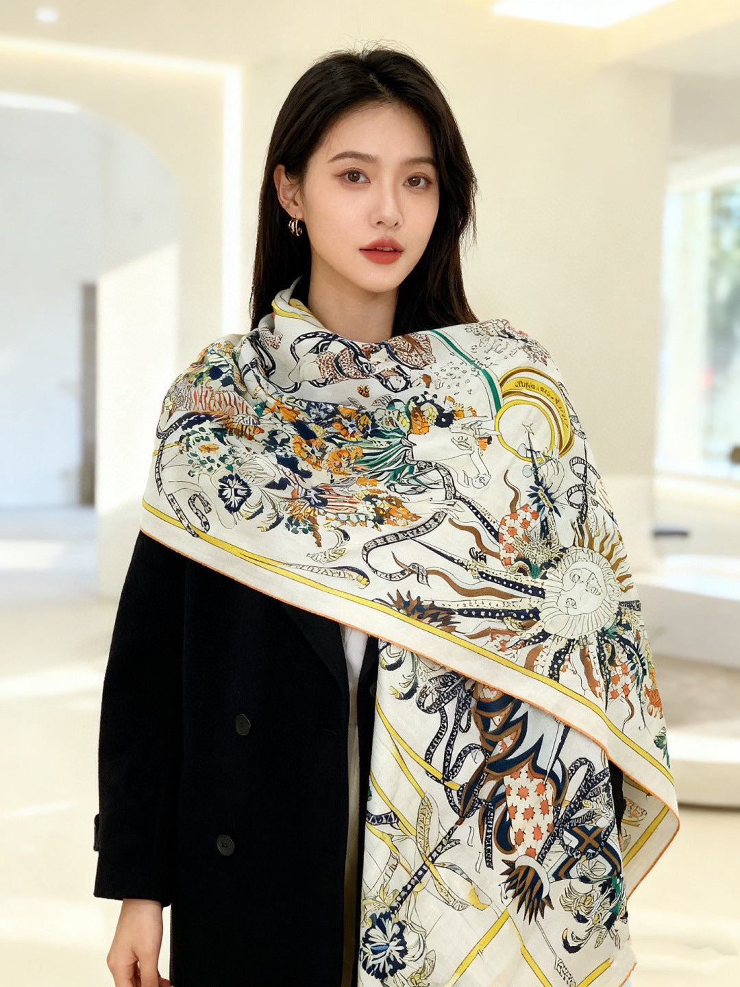 HM 25s The King Scarf 140cm White Blue Colorful Cashmere 973054