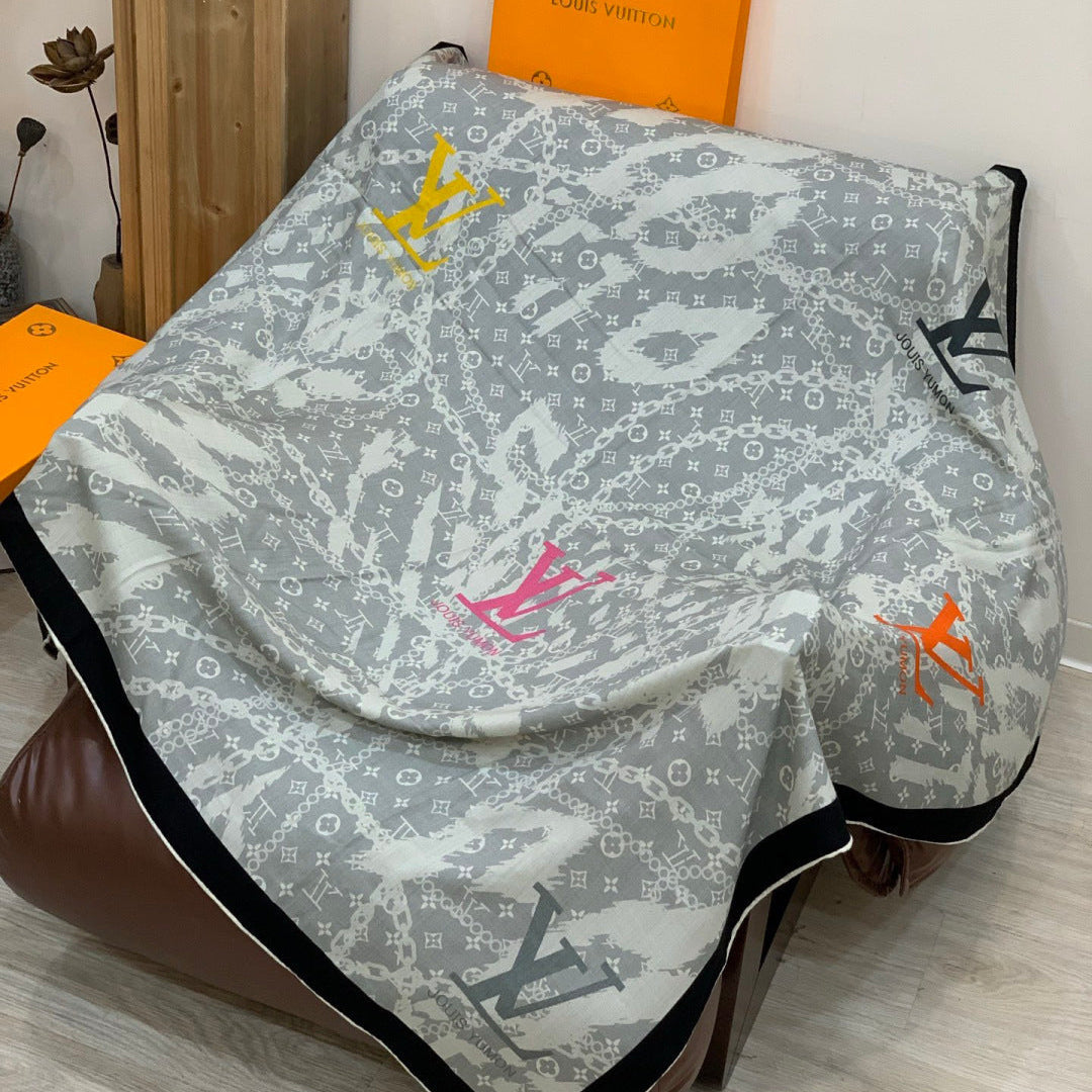 LV Double-Sided Shawl Scarf 140cm Gray Black Silk Cashmere 976739