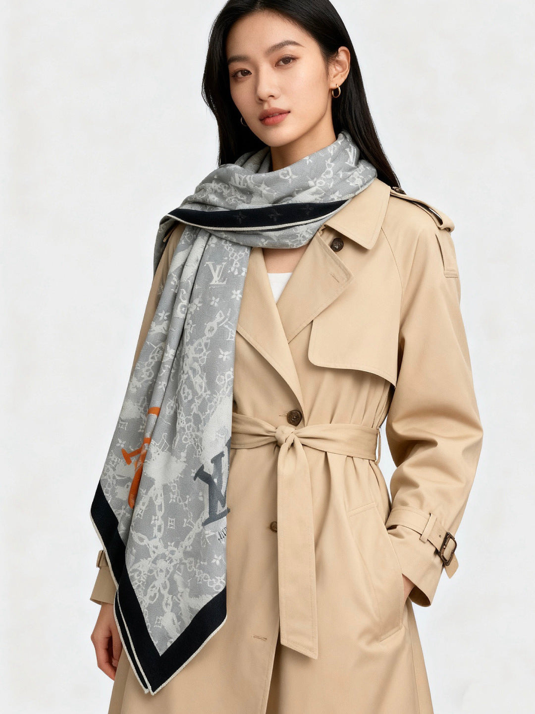 LV Double-Sided Shawl Scarf 140cm Gray Black Silk Cashmere 976739