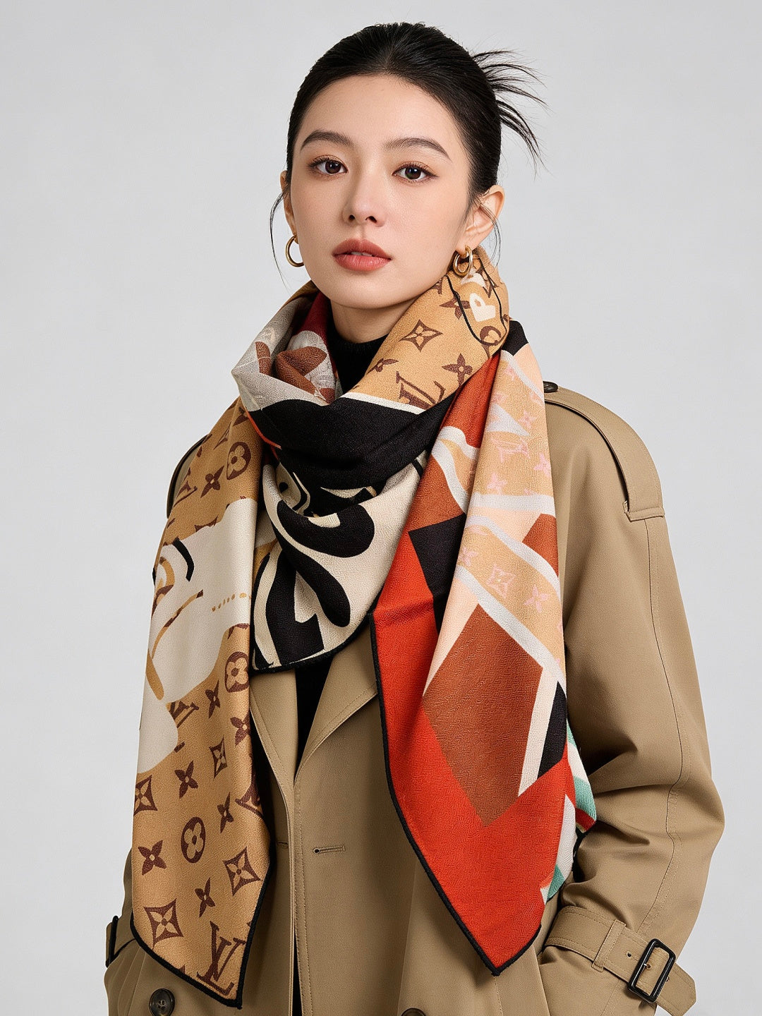 LV Scarf 135cm Brown Multicolor Cashmere Mulberry Silk 976759