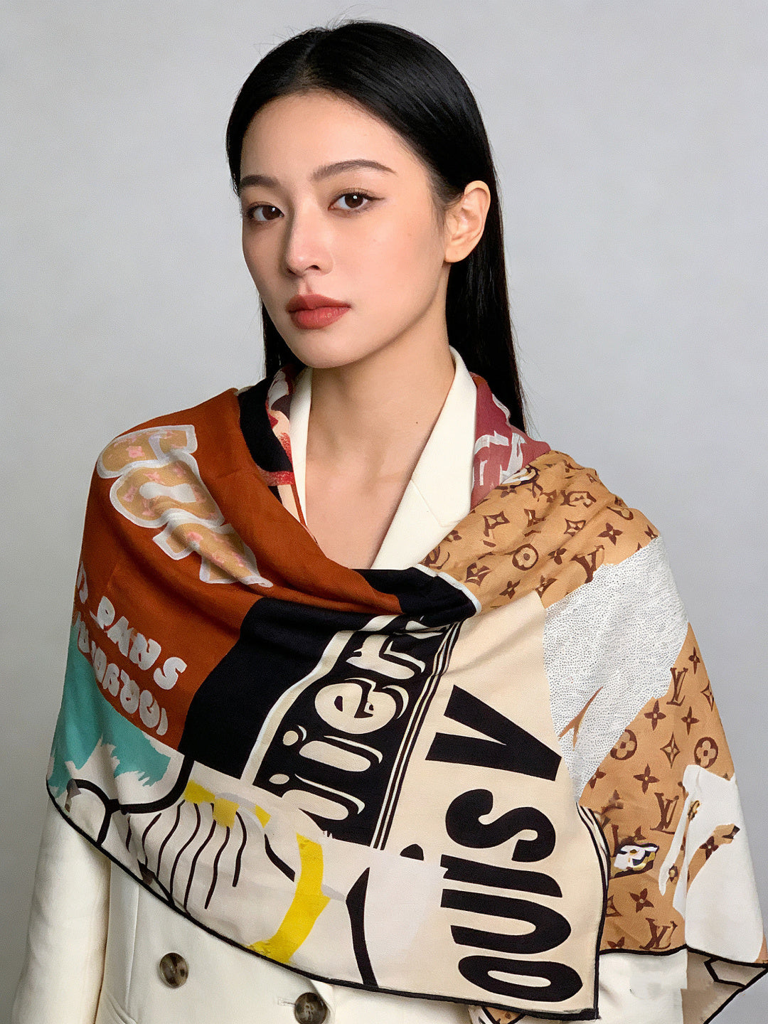 LV Scarf 135cm Brown Multicolor Cashmere Mulberry Silk 976759