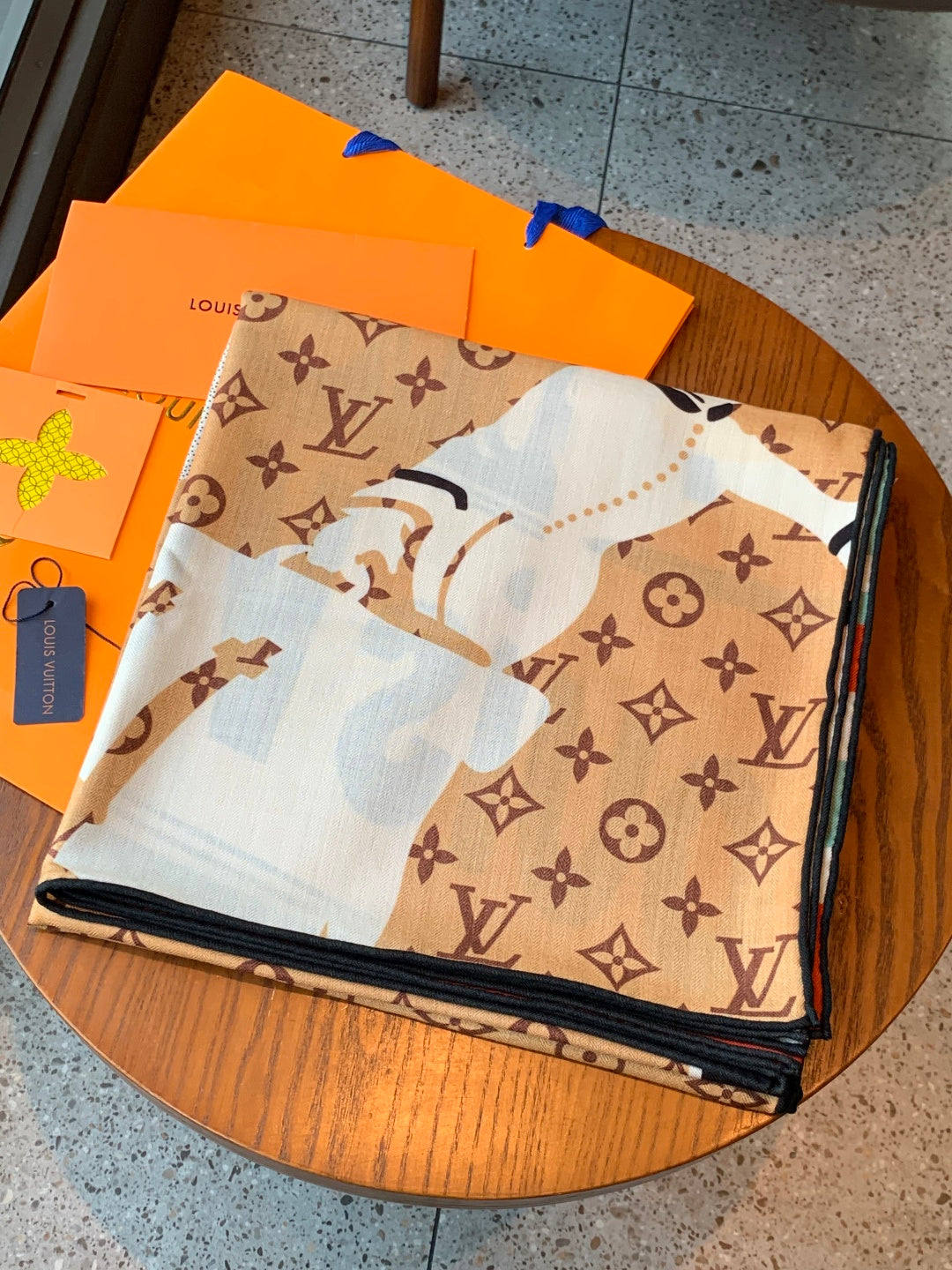 LV Scarf 135cm Brown Multicolor Cashmere Mulberry Silk 976759