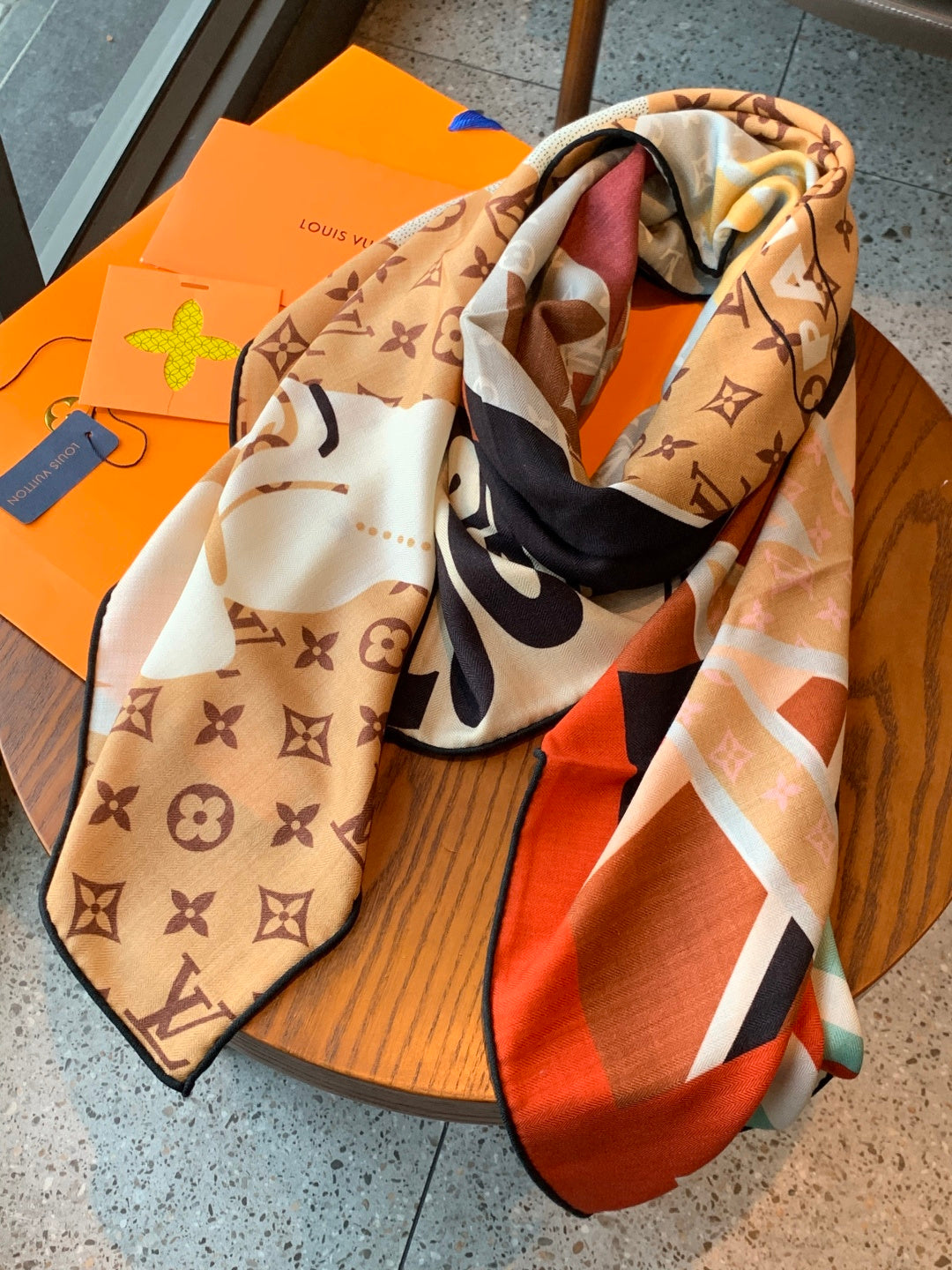 LV Scarf 135cm Brown Multicolor Cashmere Mulberry Silk 976759