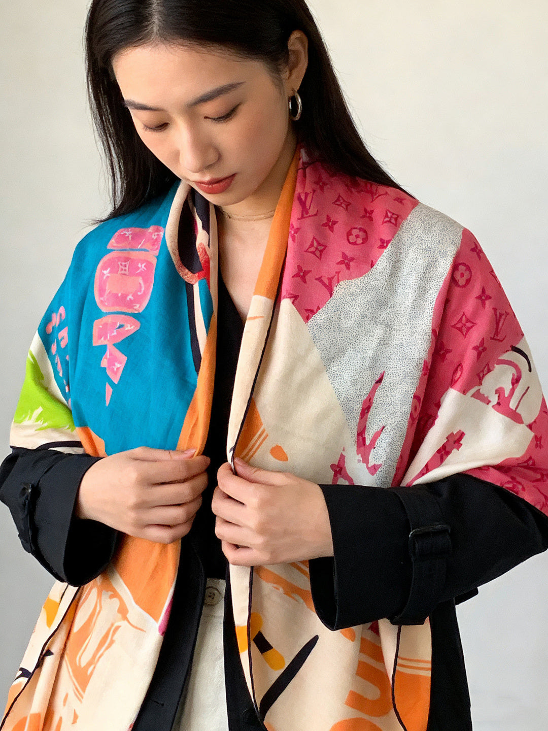 LV Scarf 135cm Pink Multicolor Cashmere Mulberry Silk 976760