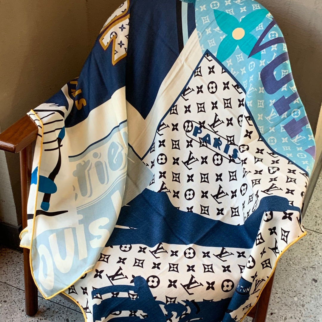 LV Scarf 135cm White Blue Cashmere Mulberry Silk 976761