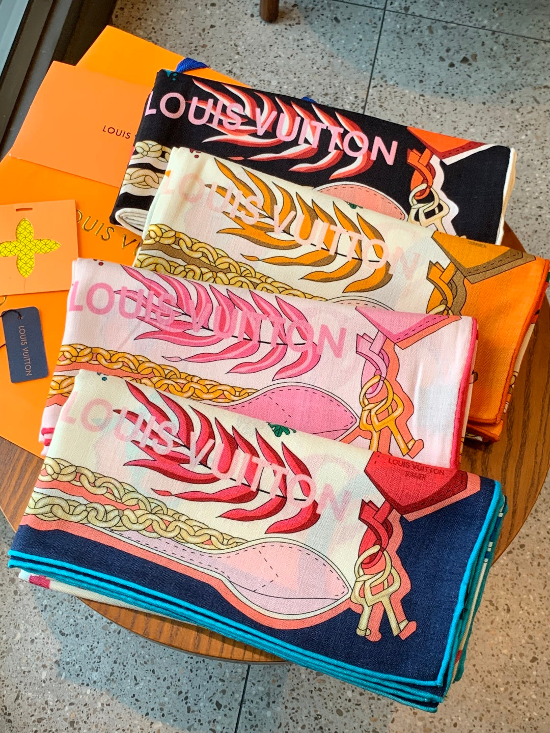 LV Scarf 135cm Black Multicolor Cashmere Mulberry Silk 976764